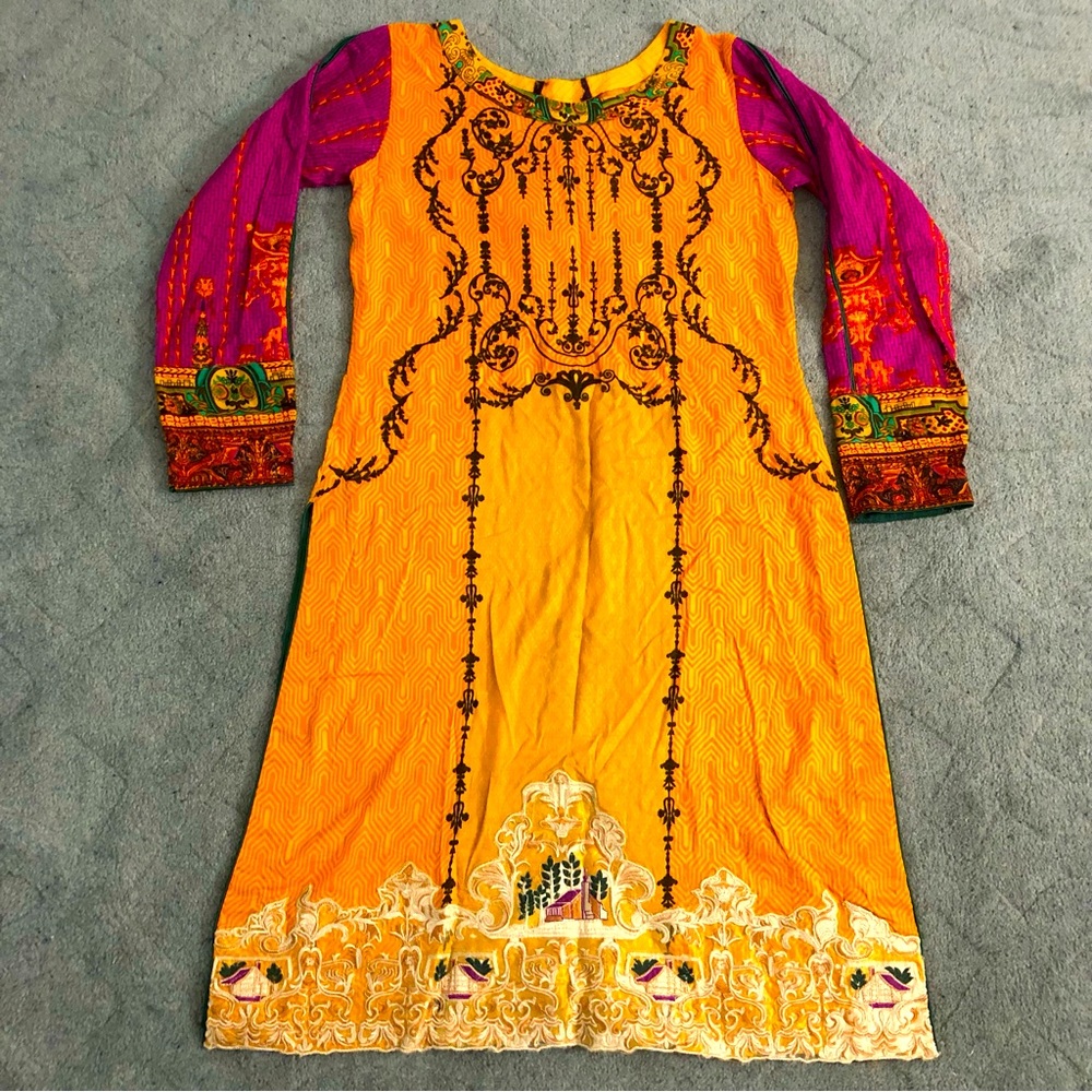 Pakistani Kurta Self-Printed & Embroidered Cotton Size M Yellow/Magenta